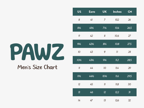 Men's PAWZ footwear size chart.