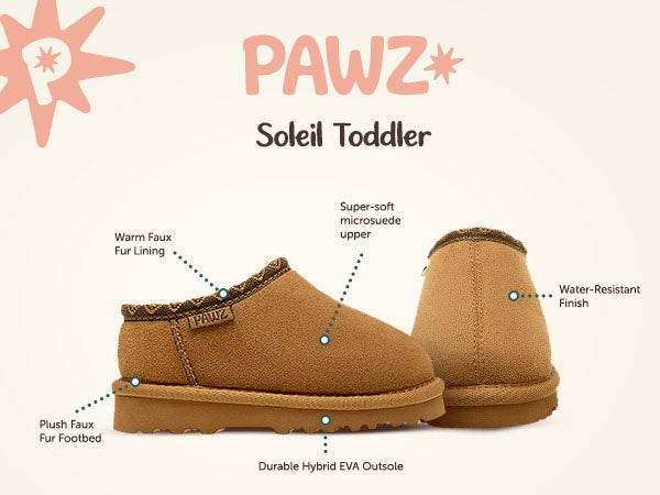 Soliel Toddler PAWZ footwear product feature callouts.