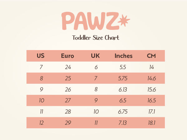 Toddler PAWZ footwear size chart.