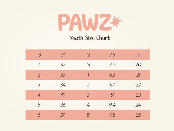 Youth PAWZ footwear size chart.