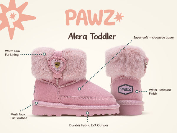 Alera Toddler PAWZ footwear product feature callouts.