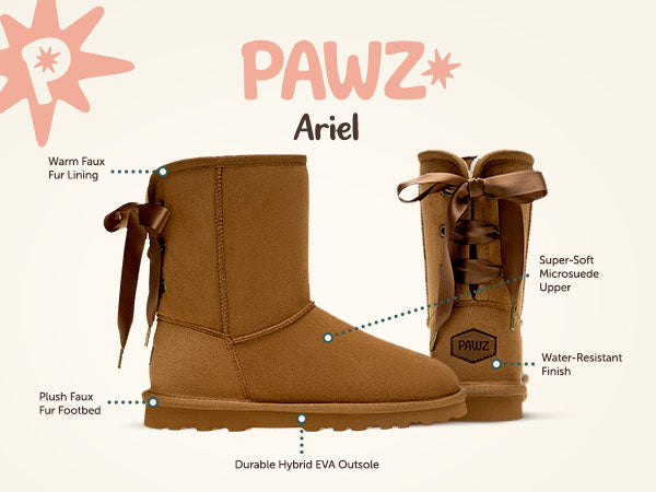Ariel PAWZ footwear product feature callouts.
