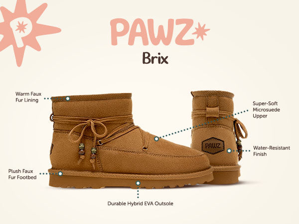 Brix PAWZ footwear product feature callouts.