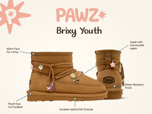 Brixy Youth PAWZ footwear product feature callouts.