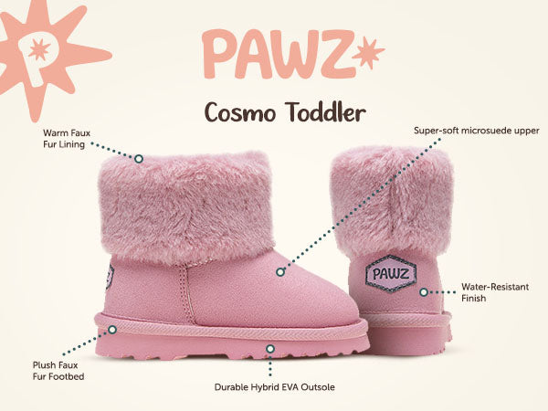 Cosmo Toddler PAWZ footwear product feature callouts.