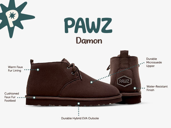 Damon PAWZ footwear product feature callouts.