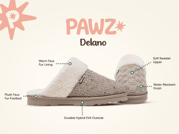Delano PAWZ footwear product feature callouts.