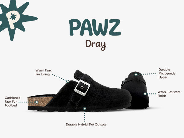 Dray PAWZ footwear product feature callouts.