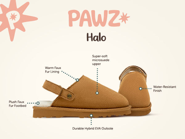 Halo PAWZ footwear product feature callouts.