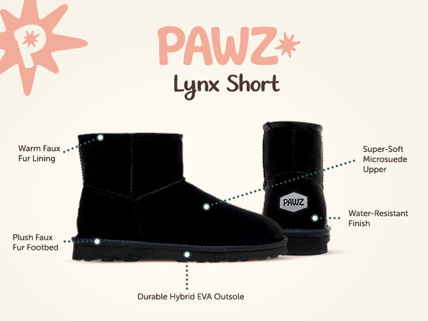 Lynx Short PAWZ footwear product feature callouts.