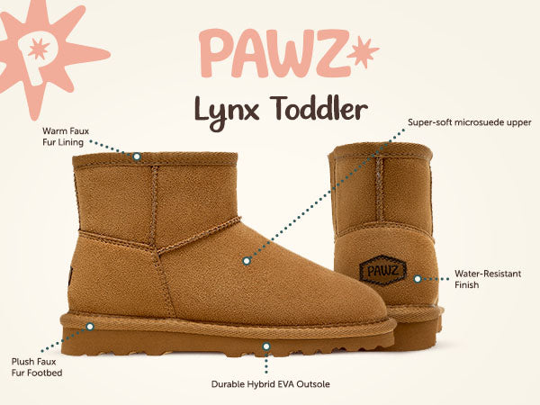 Lynx Short Toddler PAWZ footwear product feature callouts.