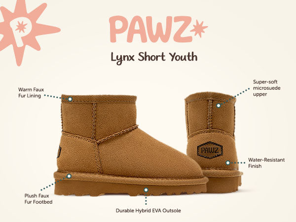 Lynx Short Youth PAWZ footwear product feature callouts.