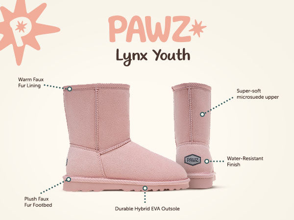 Lynx Youth PAWZ footwear product feature callouts.