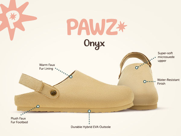 Onyx PAWZ footwear product feature callouts.