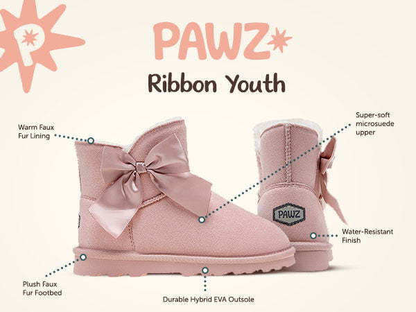 Ribbon Youth PAWZ footwear product feature callouts.