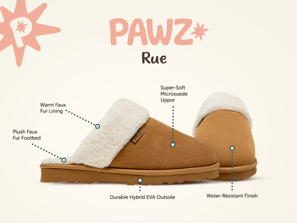 Rue PAWZ footwear product feature callouts.
