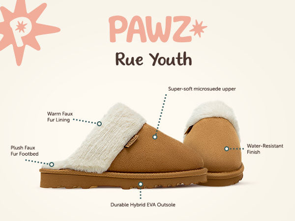 Rue Youth PAWZ footwear product feature callouts.