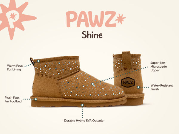 Shine PAWZ footwear product feature callouts.