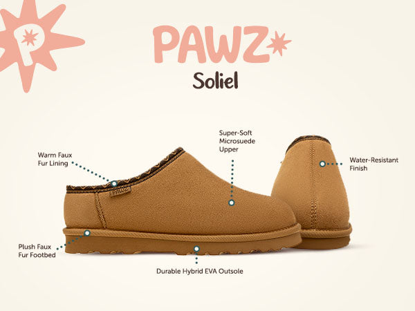 Soliel PAWZ footwear product feature callouts.