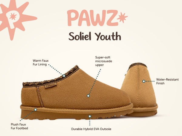 Soliel Youth PAWZ footwear product feature callouts.