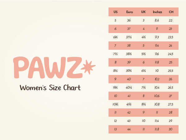Women's PAWZ footwear size chart.